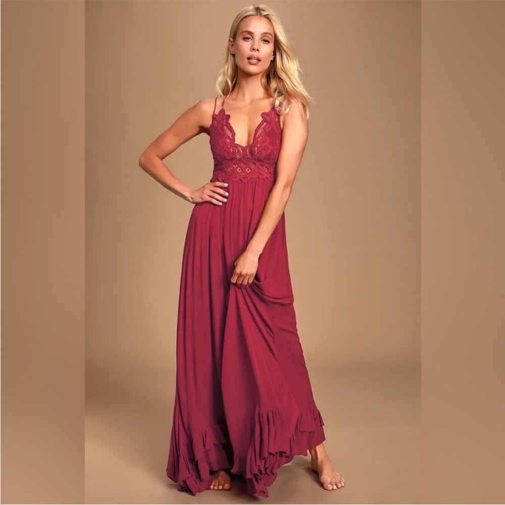Free People FP ONE Adella Lace Maxi Dress Asymmetrical Ruffle Strappy Smocked M